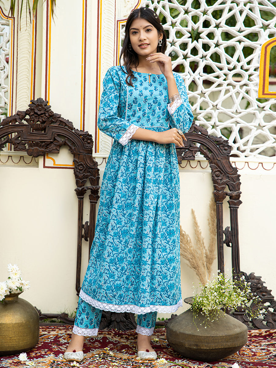 Exclusive Jaal Print On Flared Cotton Kurta With Regular Printed Pant ...